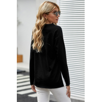 Black Color Block Splicing O-Neck Blouse