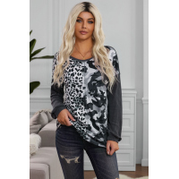 Gray Leopard&Camo Splicing Waffle Knit Top