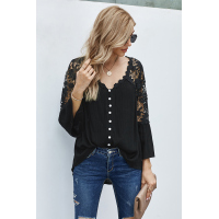 Black Crochet Lace Button Top