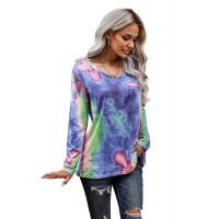 Blue Tie-dye V Neck Long Sleeves Top