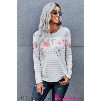 White Floral Striped Print Long Sleeve Top