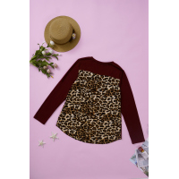 Burgundy Leopard Patch Pocket Long Sleeve Top