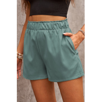 Green Cotton Blend Pocketed High Rise Shorts 