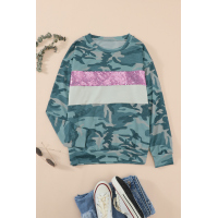 Camo Sequins Color Block Long Sleeve Top