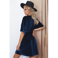 Blue V-neck Half Sleeve Velvet Mini Dress with Belt