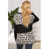 Black Latter Colorblock Leopard Print Long Sleeve Top