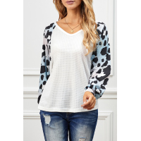 White Leopard Sleeve V Neck Waffle Top