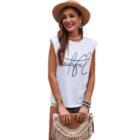 White Padded Shoulder Letter Print Tank Top