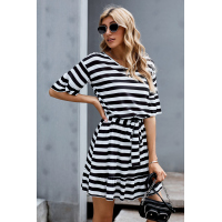 Black Stripes Ruffle Short Dress