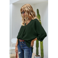 Green V Neck 3/4 Sleeve High Low Hem Shirt