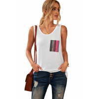 White Casual Women Tank Top with Multicolor Pocket