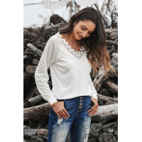 White Deep V-neck Lace Stripe Long Sleeve Top