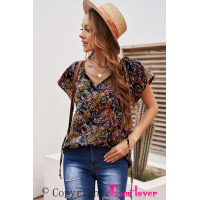 Multicolor V-neck Short Sleeve Fashion Print Fantasy Fluttering Blouse