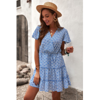 Blue V Neck Short Sleeve Layered Ruffled Floral Dress