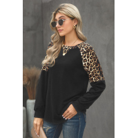 Black Leopard Stitching Long Sleeve Top