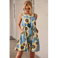 Blue Sunflower Print Tank Dress