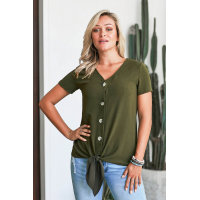 Green Button Up Front Tie Detail Woven Top