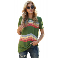 Green Colorful Wavy Stripes Print Short Sleeve Tee