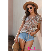 Khaki V-neck Short Sleeve Fashion Print Fantasy Fluttering Blouse