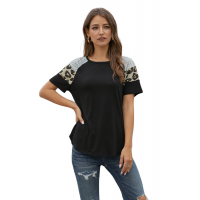 Black Striped Leopard Print Short Sleeve Women T-shirt