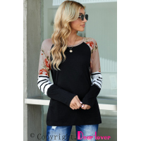 Black Striped Floral Long Sleeve Top