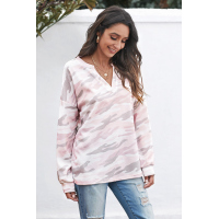 Pink Split Neck Camo Thermal Knit Top