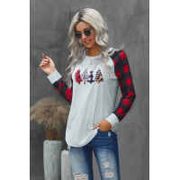 Red Christmas Pattern Plaid Splice Long Sleeve Top