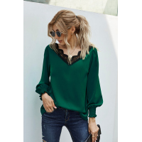 V Neck Lace Patchwork Green Blouse