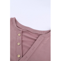 Pink Buttoned V Neck Cotton Loose Fit Top