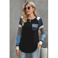 Black Color Block Striped Pocket Long Sleeve Top