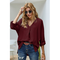 Wine V Neck 3/4 Sleeve High Low Hem Shirt