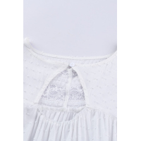 White V Neck Lantern Sleeve Lace Hollow Out Top