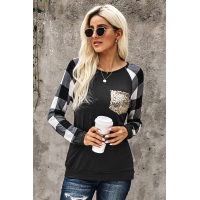 Black Plaid Splicing Sequined Pocket Long Sleeve Top