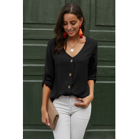 Black Button Detail Roll Up Sleeve Blouse