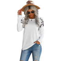 White Long Sleeve Top With Leopard Snakeskin Print