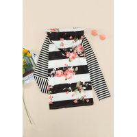 Black Floral Print Stripe Hooded Drawstring Long Sleeve Top