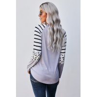 Gray Striped Animal Print Colorblock Long Sleeve Top