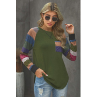 Green Color Block Striped Pocket Long Sleeve Top