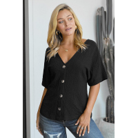 Black V Neck Button Front Crinkled Blouse