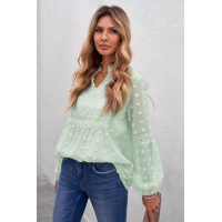 Green Ruffled Split Neck Lace Hollow Out Puff Sleeve Polka Dot Blouse