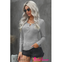 Gray Scoop Neck Buttoned Front Long Sleeve Knitted Top