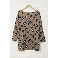 Brown Crew Collar Leopard Print High/Low Hem Long Sleeve Top