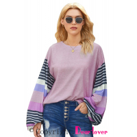 Purple Striped Colorblock Long Sleeve Knit Top