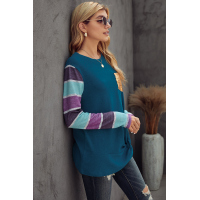 Blue Sequin Splicing Colorful Stripes Long Sleeve Top