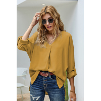 Yellow V Neck 3/4 Sleeve High Low Hem Shirt