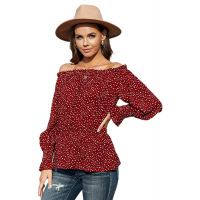 Red Polka Dot Off Shoulder Ruffle Long Sleeve Top