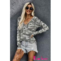 Green Camo Print V Neck Long Sleeve Knit Top