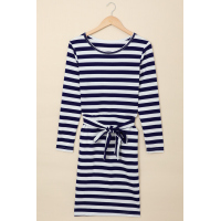 Blue Striped Pocket Long Sleeve Mini Dress With A Belt