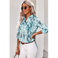 Blue Wild Snake Print Shirt with Pockets