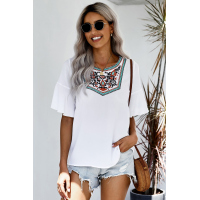 Retro Embroidered Print White Ruffle Short Sleeve Top